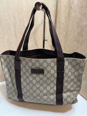 Gucci GG Supreme Monogram Canvas Tote Bag Brown Web Trim Shoulder Bag Vintage
